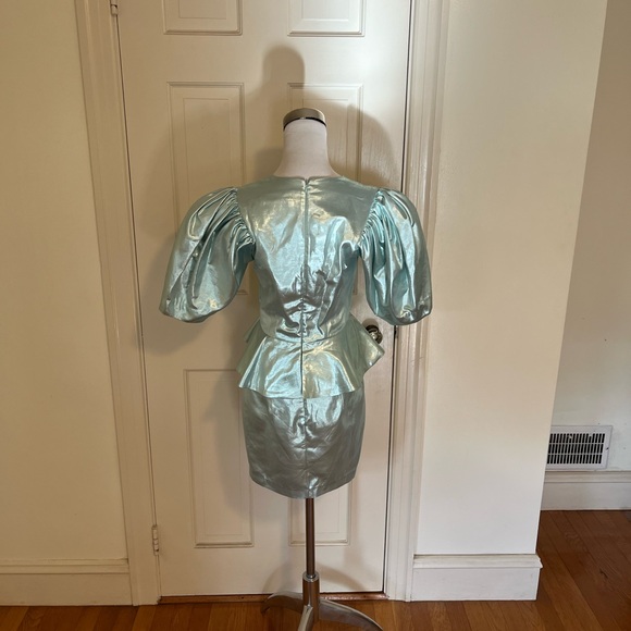 NWT ROTATE BirgerChristensen Mindy Metallic Aqua Peplum Dress Sz 6 Stich Issue - Picture 3 of 14